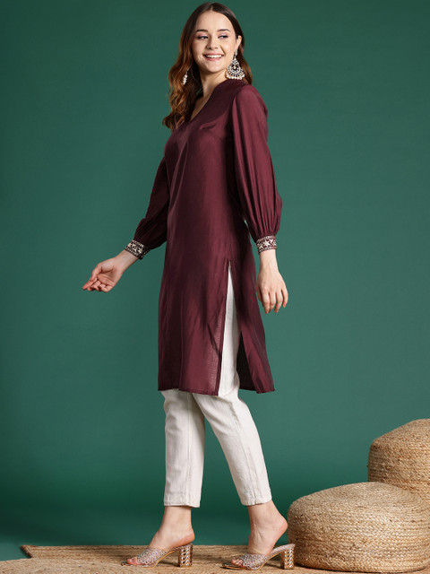 Sangria Sequin Detail Straight Kurta - Image 4