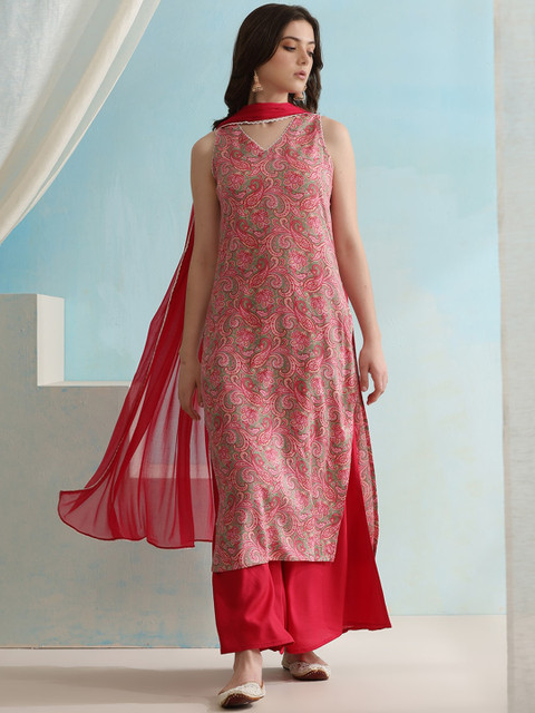 Khushal K Paisley Printed V-Neck Sleeveless Kurta with Palazzos & With Dupatta