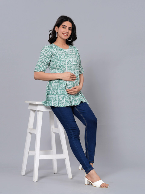 BAESD Geometric Print Round Neck Maternity A-Line Top