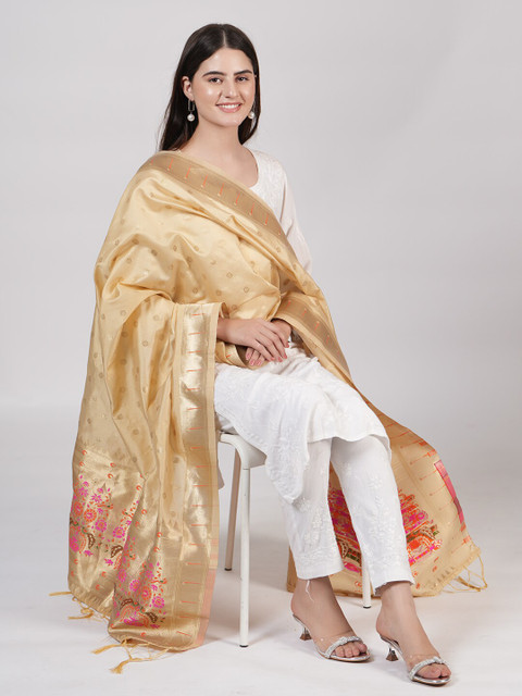 MUFFLY Ethnic Motifs Woven Design Paithani Banarasi Silk Dupatta with Zari - Image 5