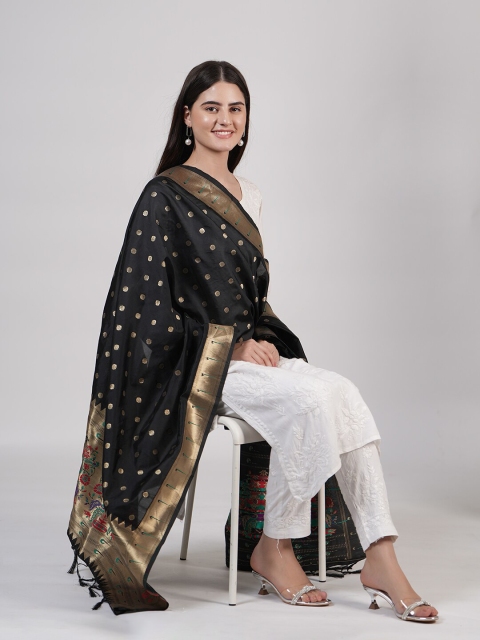 MUFFLY Woven Design Paithani Banarasi Silk Dupatta with Zari - Image 5