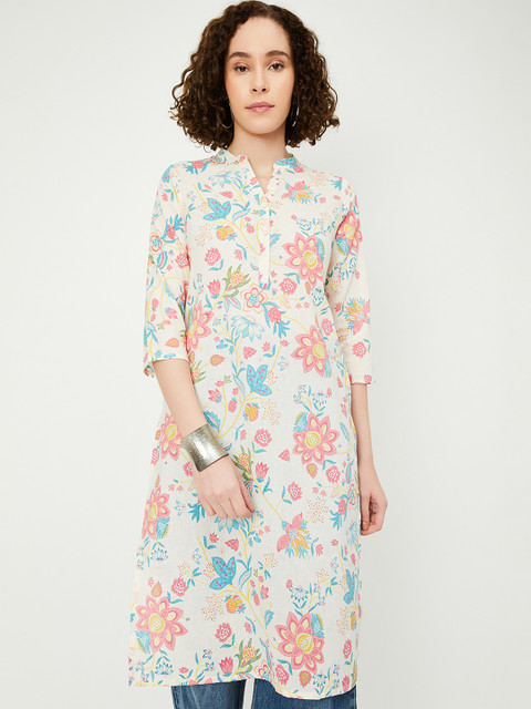 max Floral Printed Shirt Collar Straight Cotton Kurta