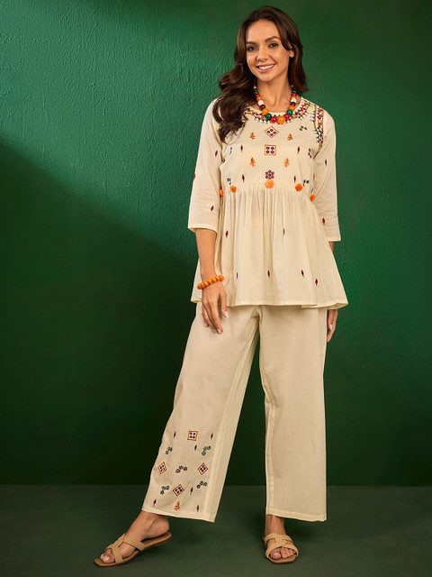 Sangria Embroidered Cotton Top With Palazzos Co-Ords