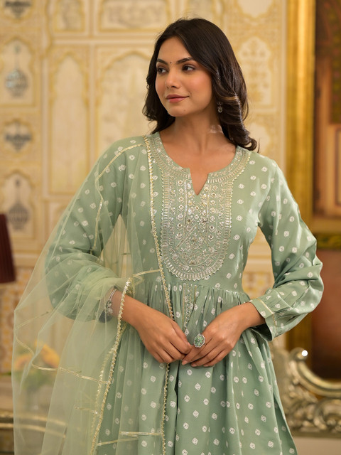 Stylum Green Ethnic Motifs Printed Empire Thread Work Kurti with Dhoti Pants & Dupatta - Image 7