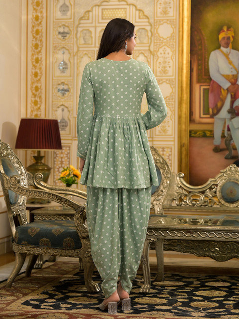 Stylum Green Ethnic Motifs Printed Empire Thread Work Kurti with Dhoti Pants & Dupatta - Image 5