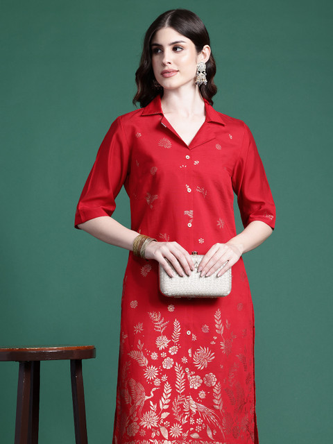 Sangria Ethnic Printed Cuban Collar Straight Kurta