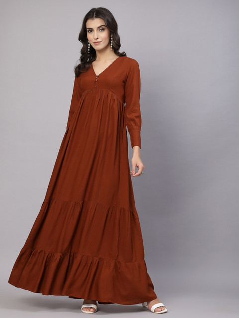aayu V-Neck Cuffed Sleeves Layered Maxi Dress
