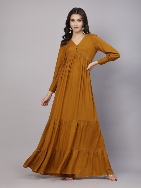 aayu V-Neck Cuffed Sleeves Tiered Flared Maxi Dress
