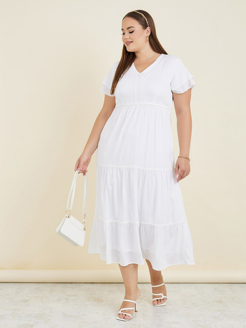 Styli Women Plus Lace Insert V-Neck Tiered Maxi Dress