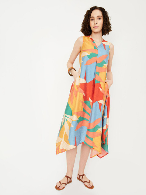 max Printed V-Neck Sleeveless A-Line Midi Dress