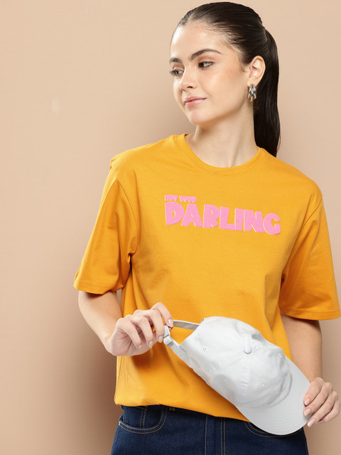 Difference of Opinion Women Typography Printed Embossed Oversized T-shirt