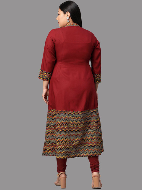 KALINI Geometric Mandarin Collar Thread Work Plus Size Anarkali Kurta - Image 4