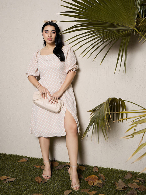 CURVE BY KASSUALLY Plus Size Beige Polka Dot Print Puff Sleeves Crepe A-Line Dress