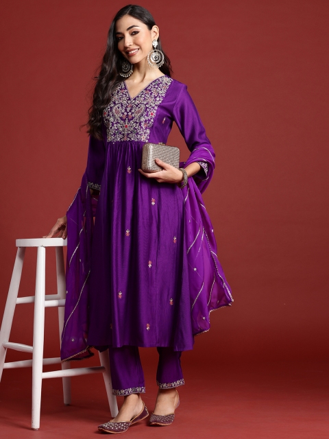 Indo Era Floral Embroidered Pleated Aari Work Liva Kurta With Trousers & Dupatta