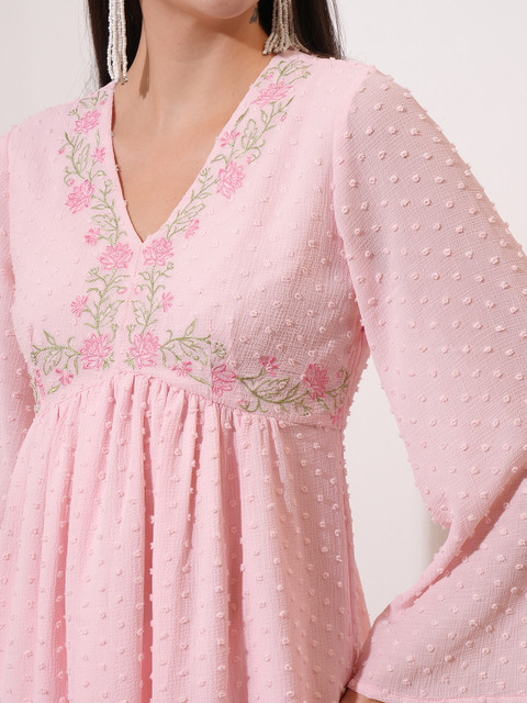 Vishudh Pink Floral Yoke Design Flared Sleeves Thread Work Empire A-Line Kurta - Image 6