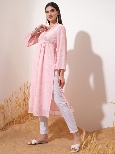 Vishudh Pink Floral Yoke Design Flared Sleeves Thread Work Empire A-Line Kurta - Image 3