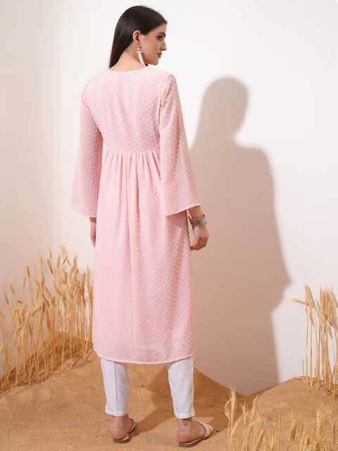 Vishudh Pink Floral Yoke Design Flared Sleeves Thread Work Empire A-Line Kurta - Image 5