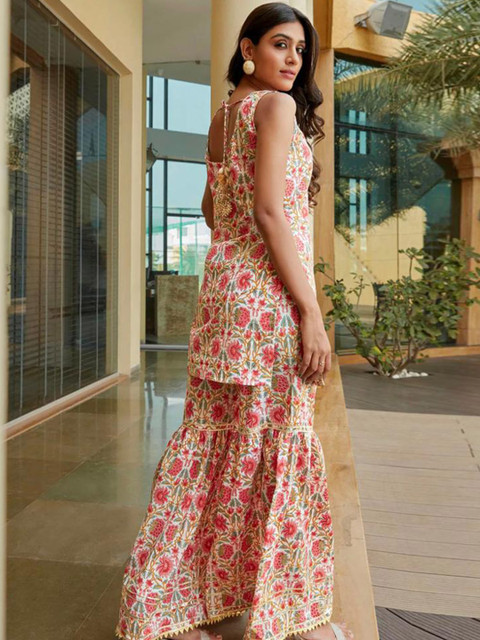 AAFAMI Floral Printed Round Neck Sleeveless Gotta Patti Kurta with Sharara - Image 3