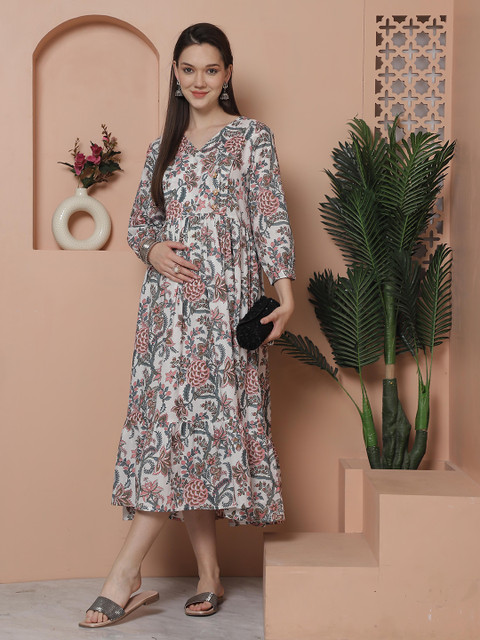 Rajnandini V Neck Floral Print Maternity A-Line Midi Dress - Image 4