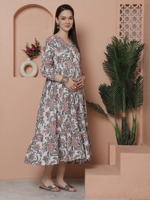Rajnandini V Neck Floral Print Maternity A-Line Midi Dress - Image 3