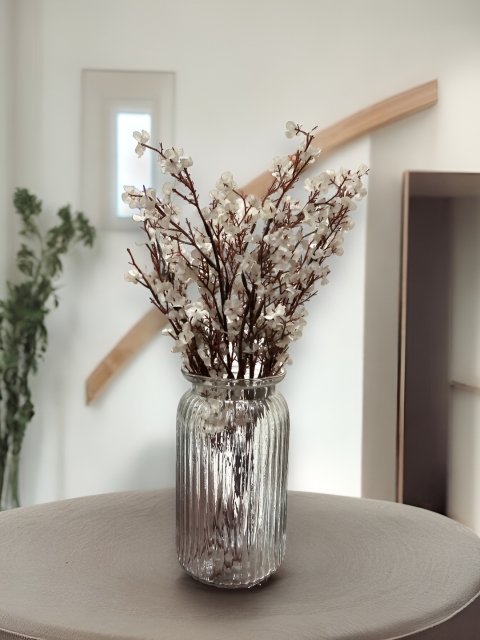 BS AMOR Transparent & White Textured Glass Vase With Artificial Flower Bunch - Image 4