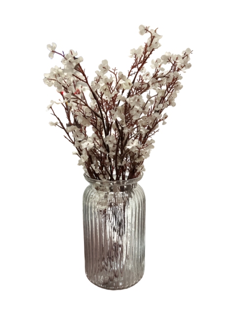 BS AMOR Transparent & White Textured Glass Vase With Artificial Flower Bunch - Image 2