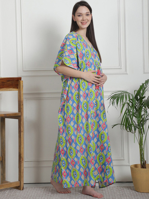 Secret Wish Printed Pure Cotton Maxi Maternity Kaftan Nightdress - Image 3