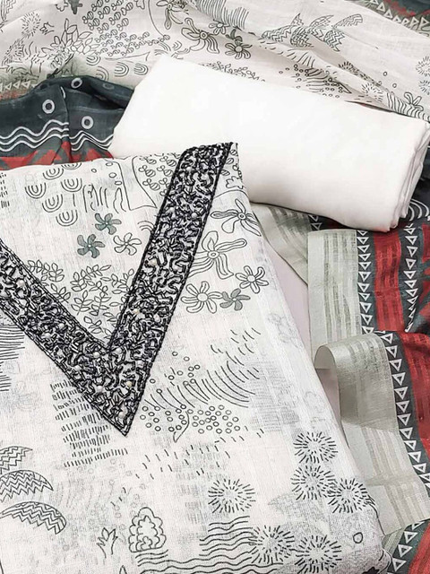 Peachmode Floral Printed Beads and Stones Linen Unstitched Dress Material - Image 2