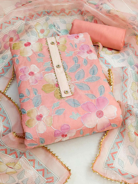 Peachmode Floral Printed Organza Unstitched Dress Material