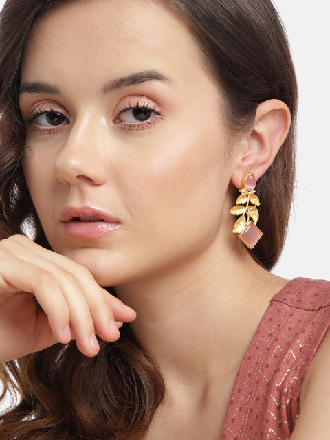 Anouk Gold-Plated Artificial Stones Leaf Shaped Drop Earrings