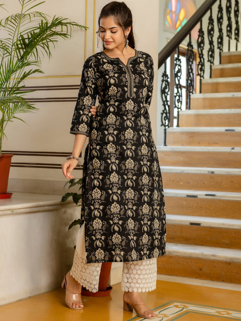 Nayo Notch Neck Ethnic Motifs Printed Straight Cotton Kurta - Image 3