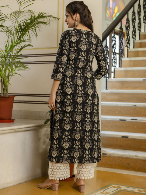 Nayo Notch Neck Ethnic Motifs Printed Straight Cotton Kurta - Image 5