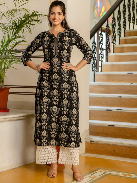 Nayo Notch Neck Ethnic Motifs Printed Straight Cotton Kurta