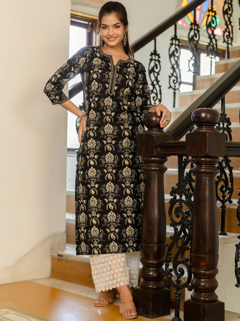 Nayo Notch Neck Ethnic Motifs Printed Straight Cotton Kurta - Image 4