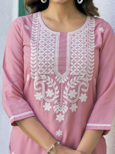 KALINI Floral Embroidered Round Neck Thread Work Straight Kurta - Image 2