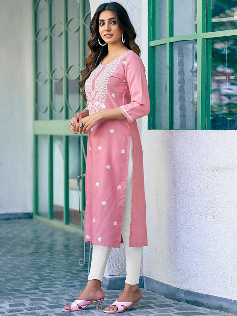 KALINI Floral Embroidered Round Neck Thread Work Straight Kurta - Image 3
