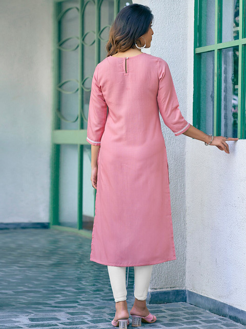 KALINI Floral Embroidered Round Neck Thread Work Straight Kurta - Image 4