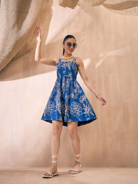 Pink Paprika by SASSAFRAS Square Neck Floral Printed Fit and Flare Dress