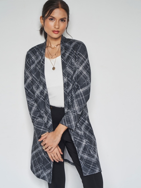 AND Checked Collarless Long Sleeves Longline Shrug - Image 2