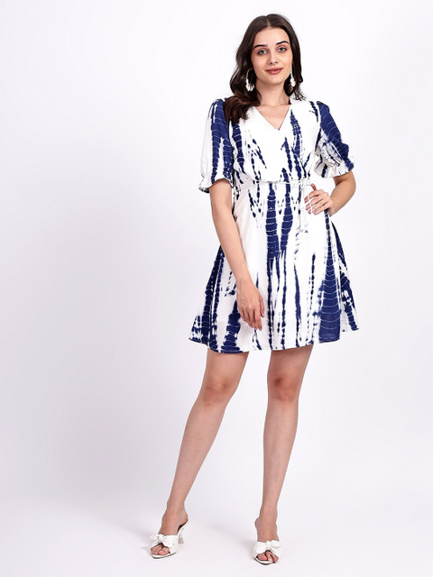 NKSA FASHION Abstract Printed Puff Sleeves Cotton Fit & Flare Dress