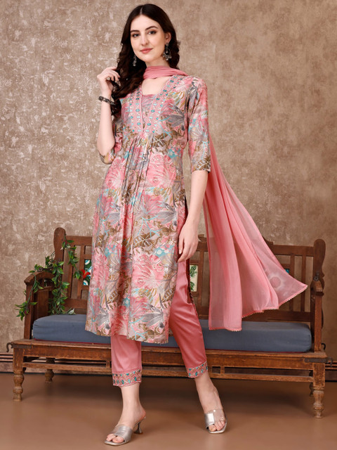 KALINI Floral Printed Regular Thread Work Kurta with Trousers & Dupatta