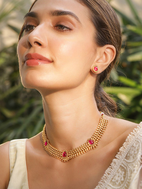 Rubans 22KT Gold Plated Ruby Stone Studded Golden Beaded Traditional Brass Jewellery Set