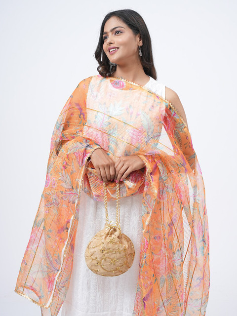 HELLA FASHIONS Floral Printed Organza Dupatta With Gotta Patti