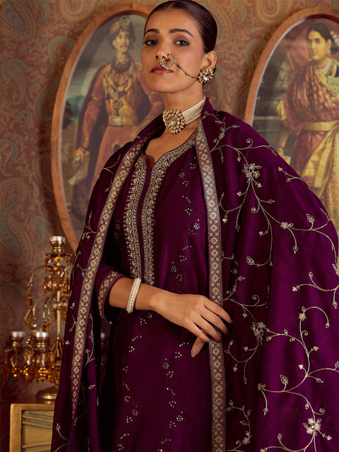 Indo Era Floral Embroidered Sequinned Kurta With Trousers & Dupatta