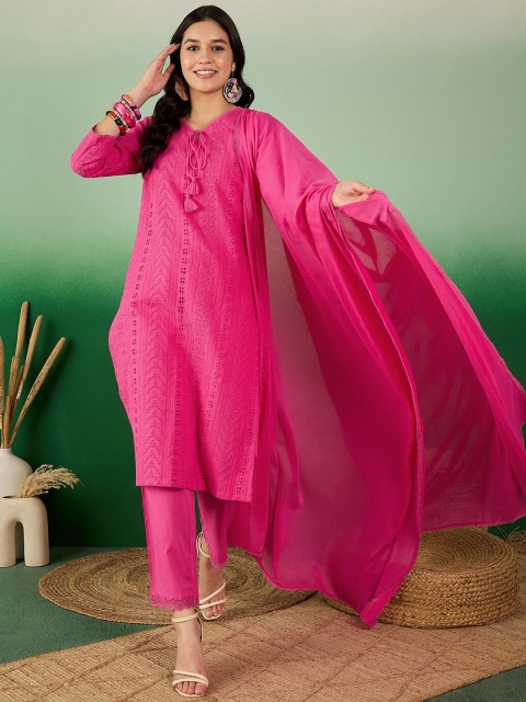 Sangria Self Design Schiffli Tie-Up Neck Pure Cotton Kurta With Trousers & Dupatta