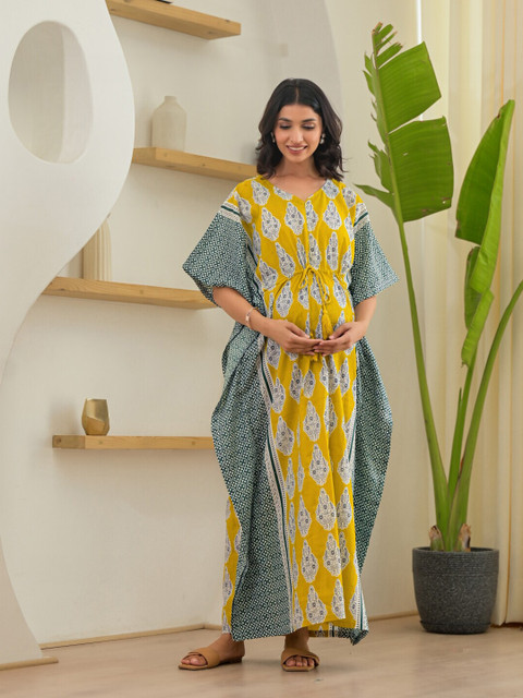 Aujjessa Floral Print Flared Sleeve Maternity Kaftan Maxi Dress