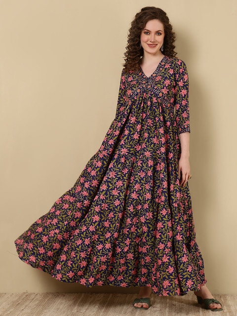 GLAM ROOTS Floral Printed V-Neck Gotta Patti Flared Anarkali Kurta