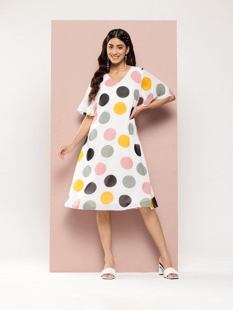 Qurvii Polka Dot Print Flared Sleeves Georgette A-Line Dress