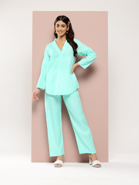 Qurvii Women Solid Top & Trousers Co-Ords Set