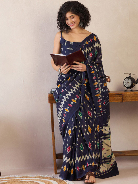 Saree mall Ethnic Motifs Poly Cotton Ready to Wear Ikat Sarees - Image 4